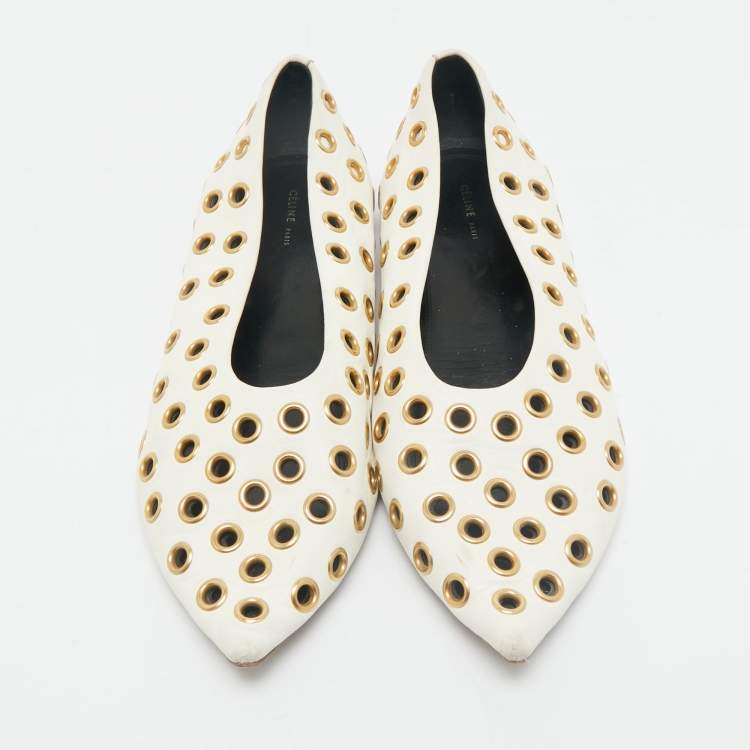 Pre Owned Celine Cream Leather Eyelet Detail Ballet Flats Size 38