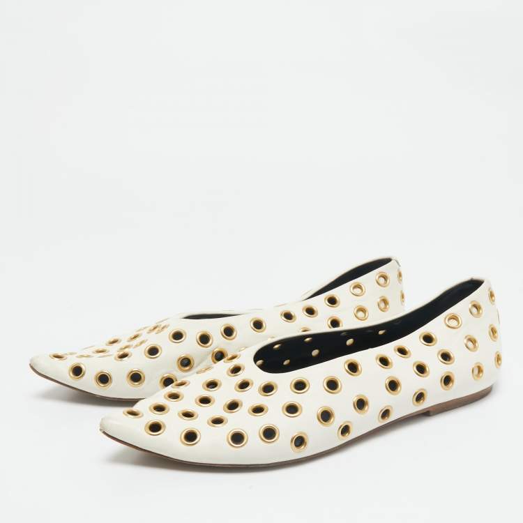 Pre Owned Celine Cream Leather Eyelet Detail Ballet Flats Size 38