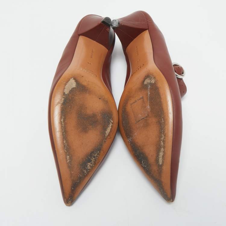 Pre Owned Celine Brown Brick Leather V Neck Pointed Toe Pumps Size 38