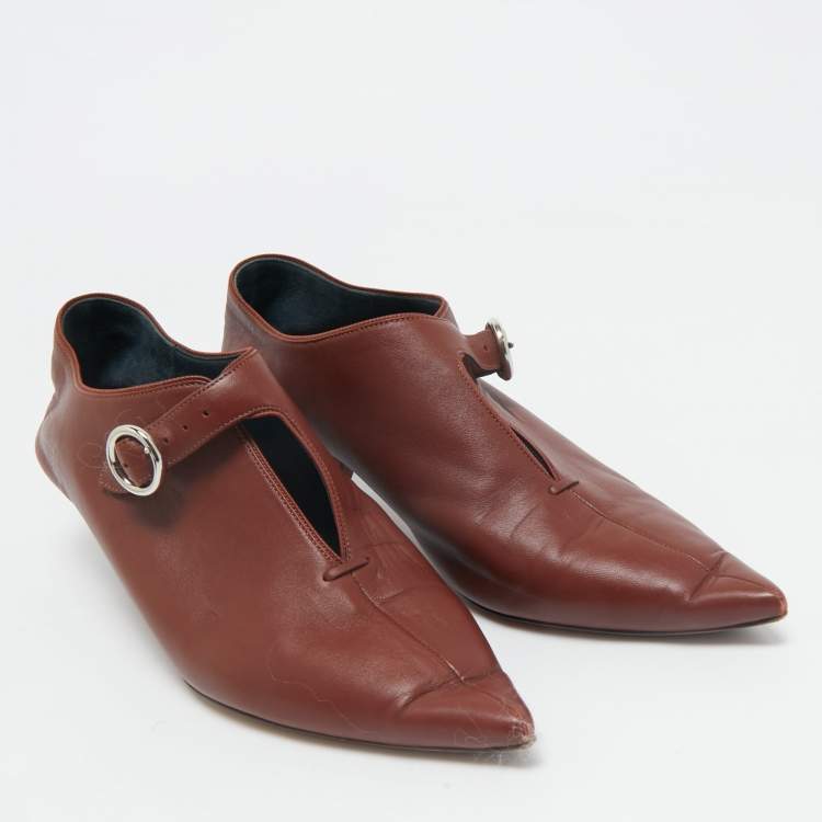 Pre Owned Celine Brown Brick Leather V Neck Pointed Toe Pumps Size 38