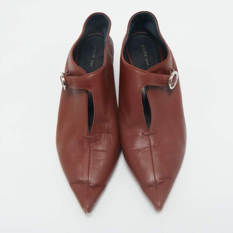 Pre Owned Celine Brown Brick Leather V Neck Pointed Toe Pumps Size 38