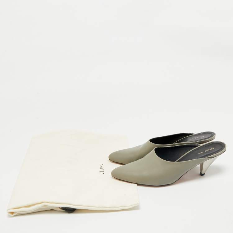 Pre Owned Celine Grey Leather Pointed Toe  Mules Size 37.5