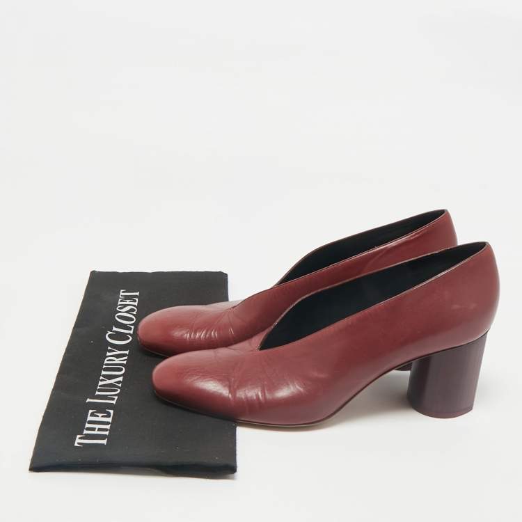 Pre Owned Celine Burgundy Leather V Neck Round Toe Block Heel Pumps Size 40.5