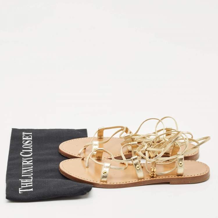 Pre Owned Celine Gold Leather Studded Ankle Wrap Flat Sandals Size 37