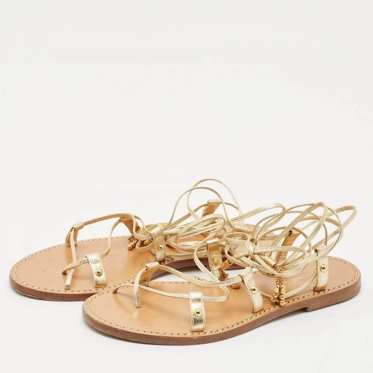 Pre Owned Celine Gold Leather Studded Ankle Wrap Flat Sandals Size 37