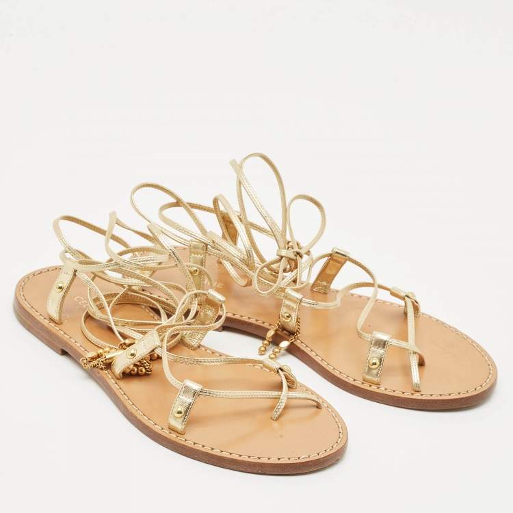 Pre Owned Celine Gold Leather Studded Ankle Wrap Flat Sandals Size 37
