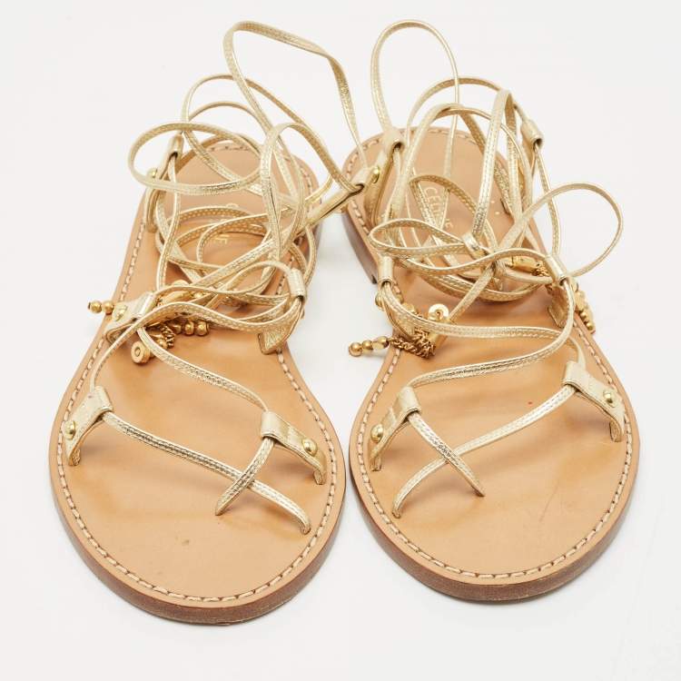 Pre Owned Celine Gold Leather Studded Ankle Wrap Flat Sandals Size 37