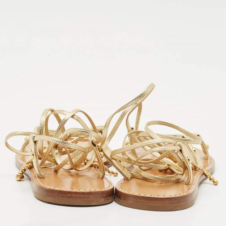 Pre Owned Celine Gold Leather Studded Ankle Wrap Flat Sandals Size 37