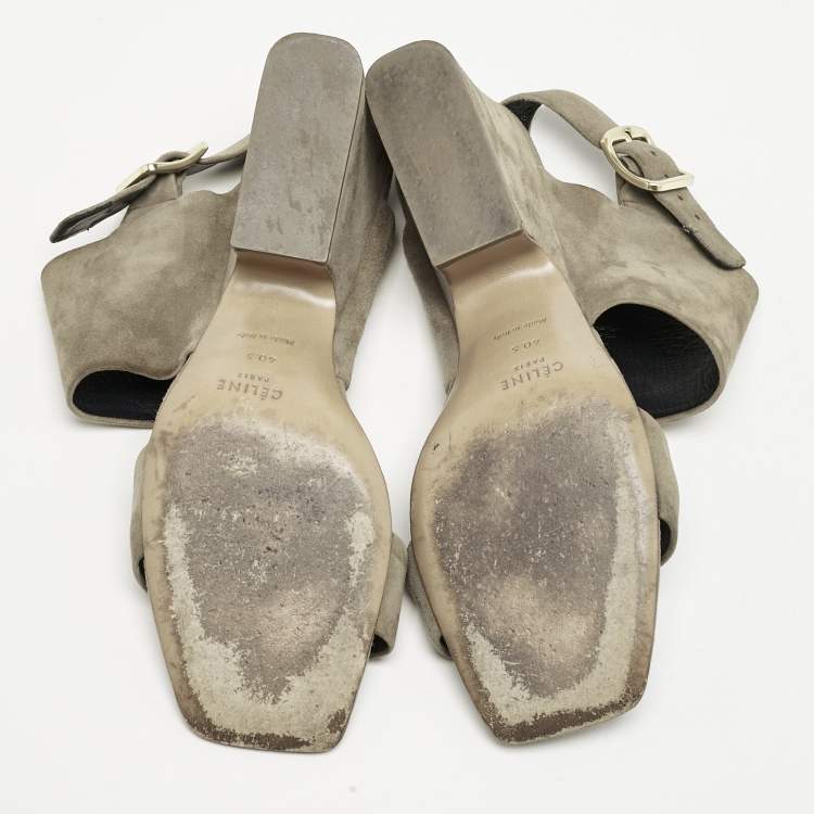 Pre Owned Celine Olive Green Suede Slingback  Block Heel Sandals Size 40.5