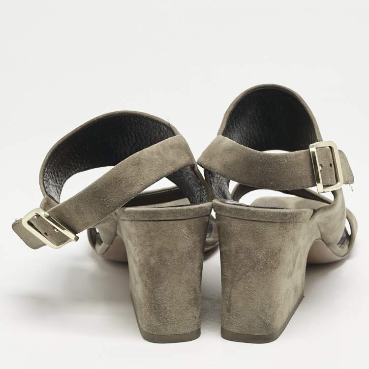 Pre Owned Celine Olive Green Suede Slingback  Block Heel Sandals Size 40.5