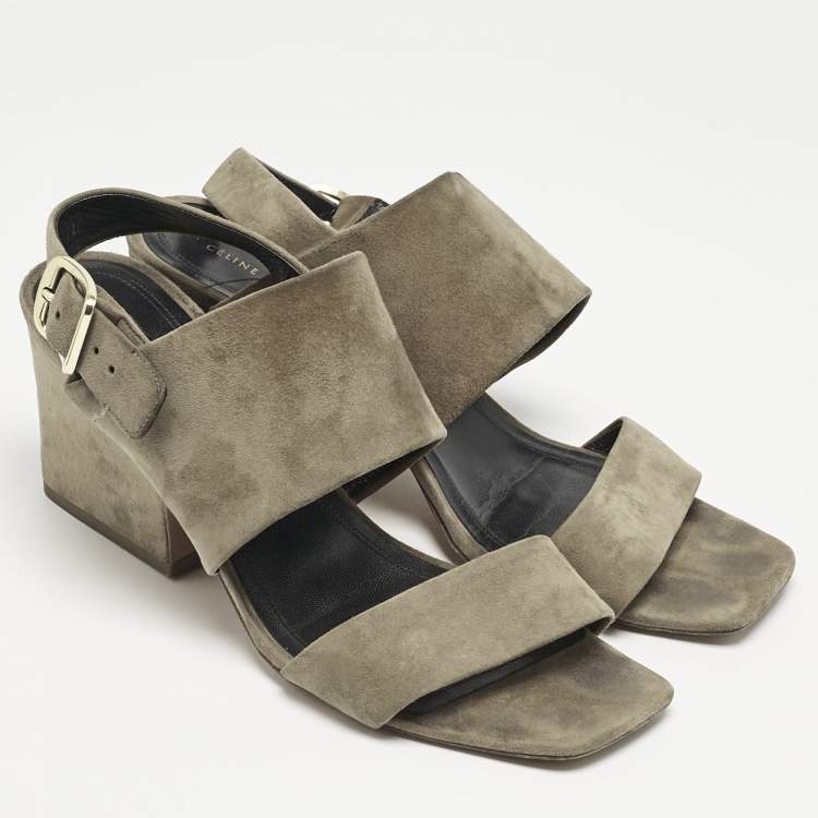Pre Owned Celine Olive Green Suede Slingback  Block Heel Sandals Size 40.5
