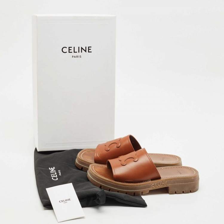 Pre Owned Celine Tan Leather Slide Sandals Size 39