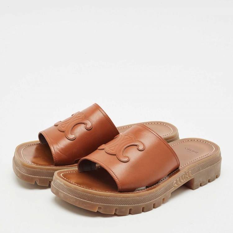 Pre Owned Celine Tan Leather Slide Sandals Size 39