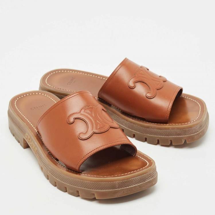 Pre Owned Celine Tan Leather Slide Sandals Size 39