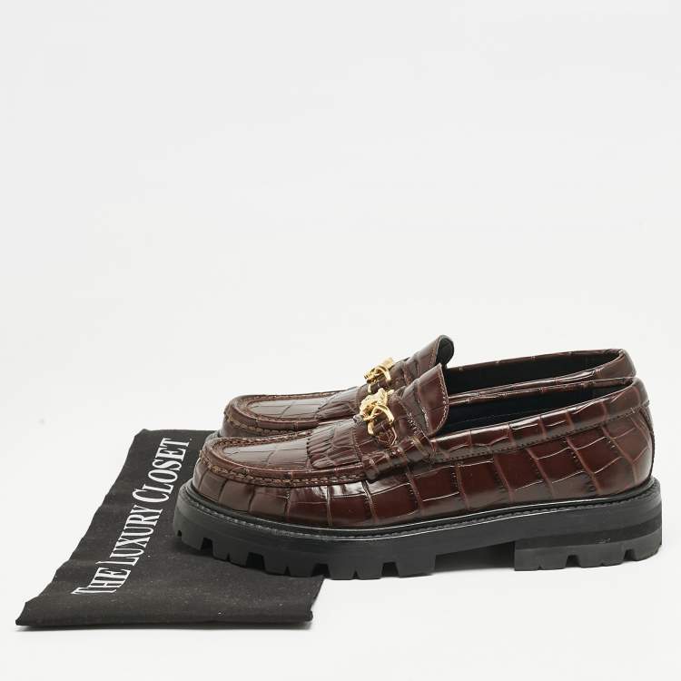 Pre Owned Celine Dark Brown Croc Embossed Leather Margaret Fringe Slip On Loafers Size 37