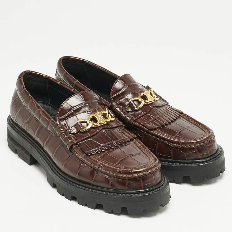 Pre Owned Celine Dark Brown Croc Embossed Leather Margaret Fringe Slip On Loafers Size 37