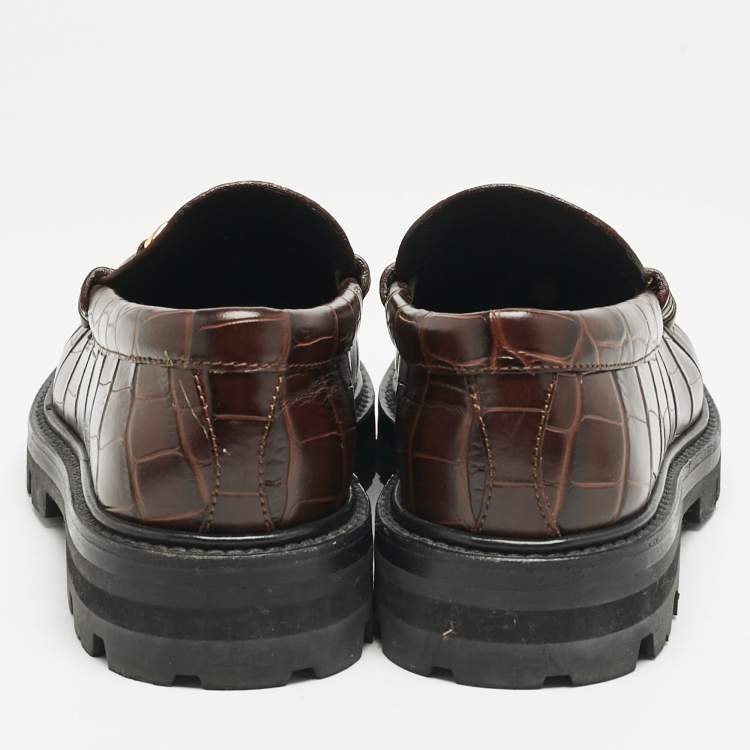 Pre Owned Celine Dark Brown Croc Embossed Leather Margaret Fringe Slip On Loafers Size 37