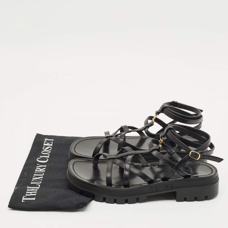Pre Owned Celine Black Leather Clea Triomphe Strappy Sandals Size 38