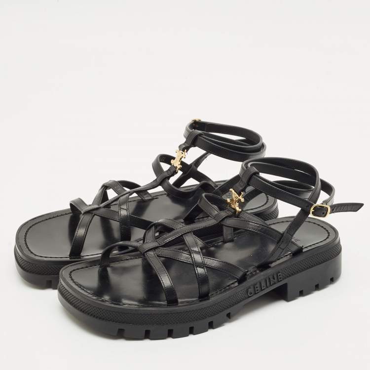 Pre Owned Celine Black Leather Clea Triomphe Strappy Sandals Size 38