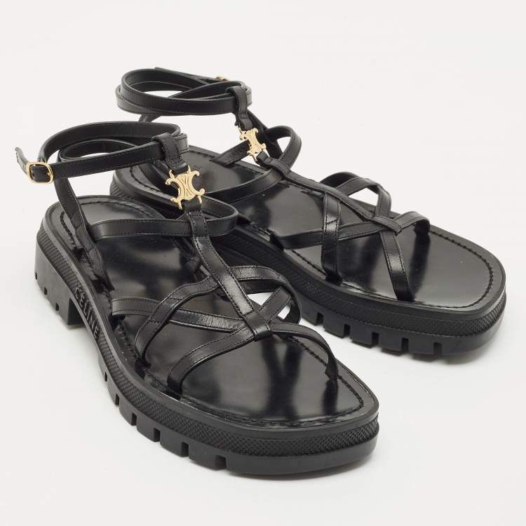 Pre Owned Celine Black Leather Clea Triomphe Strappy Sandals Size 38