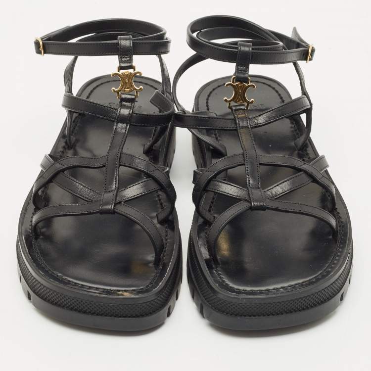 Pre Owned Celine Black Leather Clea Triomphe Strappy Sandals Size 38