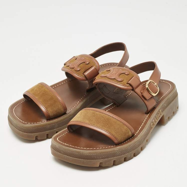 Pre Owned Celine Brown Leather and Suede Clea Triomphe Platform Sandals Size 37