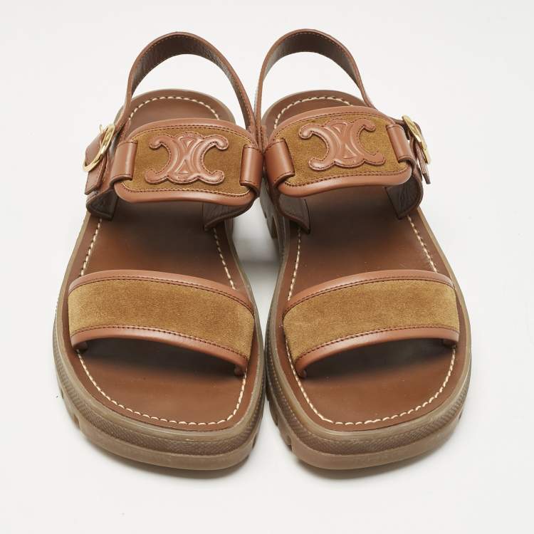 Pre Owned Celine Brown Leather and Suede Clea Triomphe Platform Sandals Size 37
