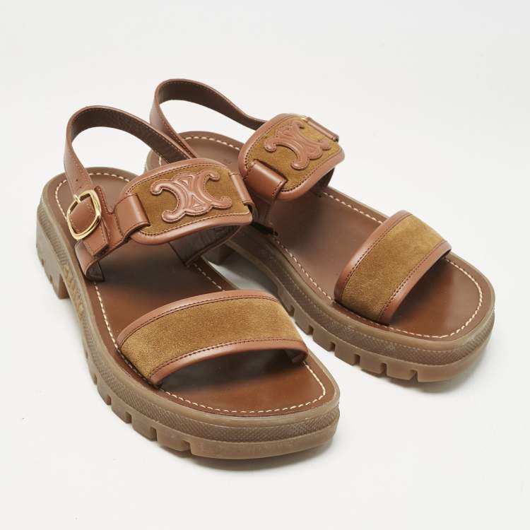 Pre Owned Celine Brown Leather and Suede Clea Triomphe Platform Sandals Size 37