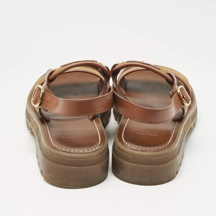 Pre Owned Celine Brown Leather and Suede Clea Triomphe Platform Sandals Size 37