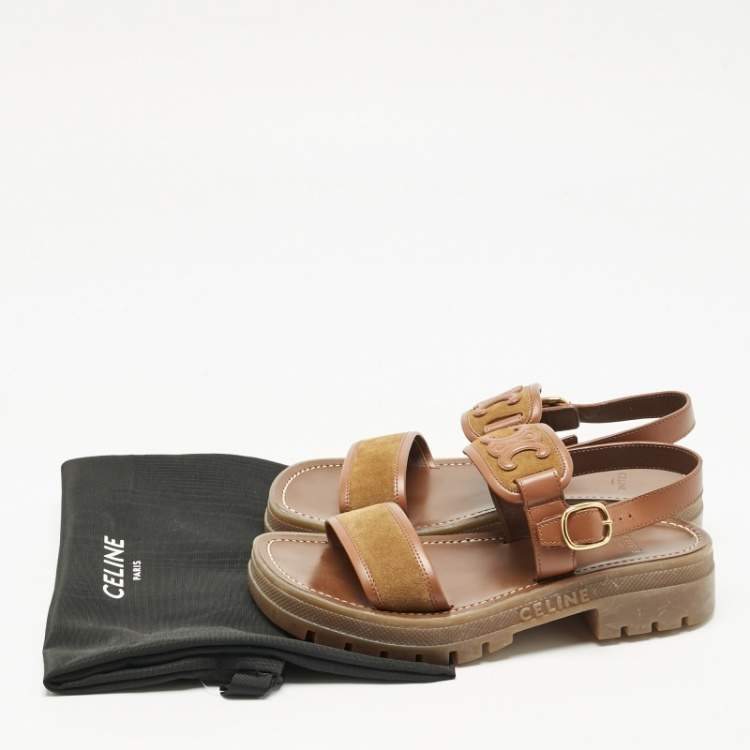 Pre Owned Celine Brown Leather and Suede Clea Triomphe Platform Sandals Size 37