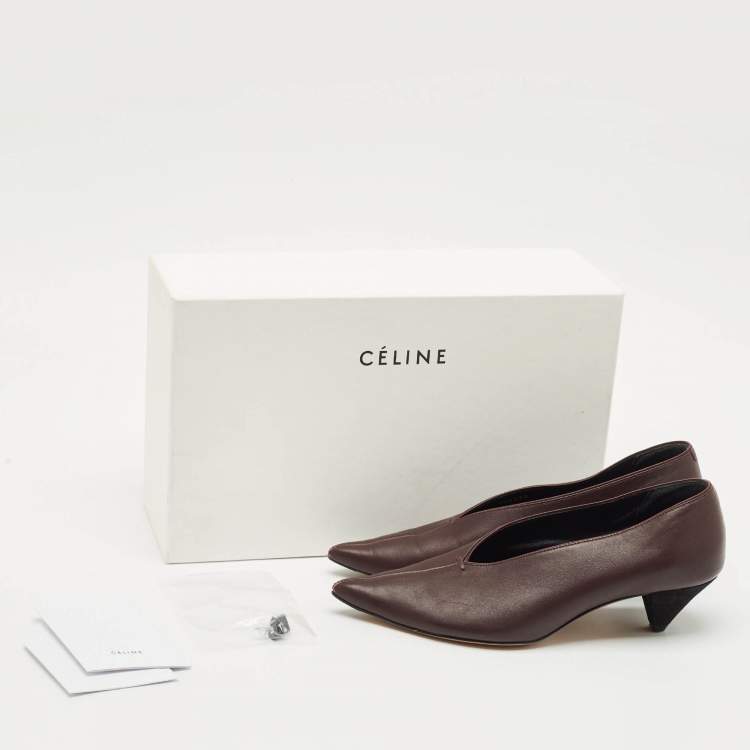 Pre Owned Celine Plum Leather V Neck Pumps Size 38