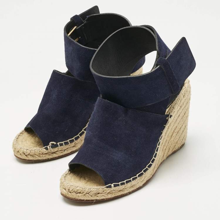 Pre Owned Celine Navy Blue Suede Wedge Ankle Wrap Espadrille Sandals Size 37