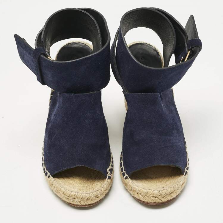 Pre Owned Celine Navy Blue Suede Wedge Ankle Wrap Espadrille Sandals Size 37