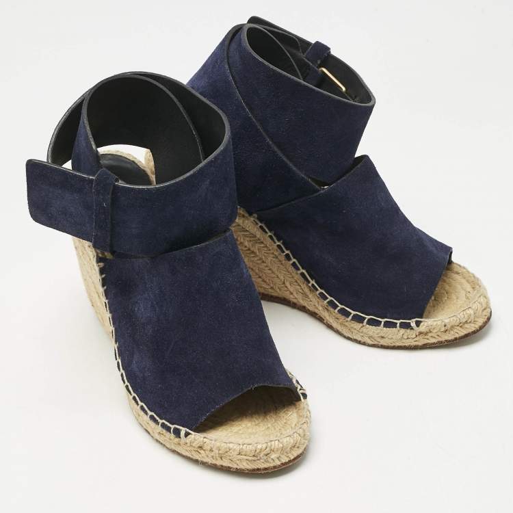 Pre Owned Celine Navy Blue Suede Wedge Ankle Wrap Espadrille Sandals Size 37