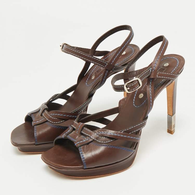 Pre Owned Celine Brown Leather Platform Ankle Strap Sandals Size 38.5