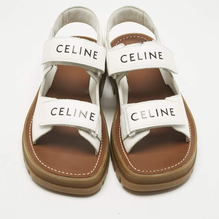 Pre Owned Celine White Leather Leo One Strap Flat Sandals Size 38