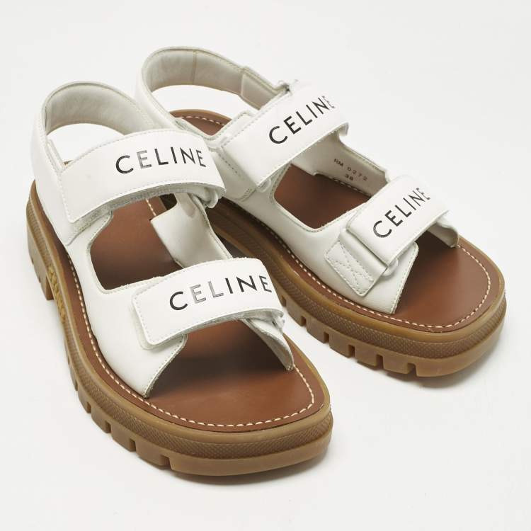Pre Owned Celine White Leather Leo One Strap Flat Sandals Size 38