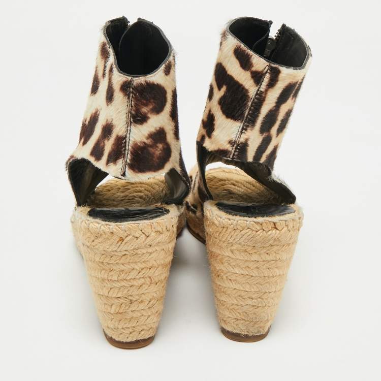 Pre Owned Celine Brown/Cream Calf Hair Wedge Espadrille Sandals Size 37