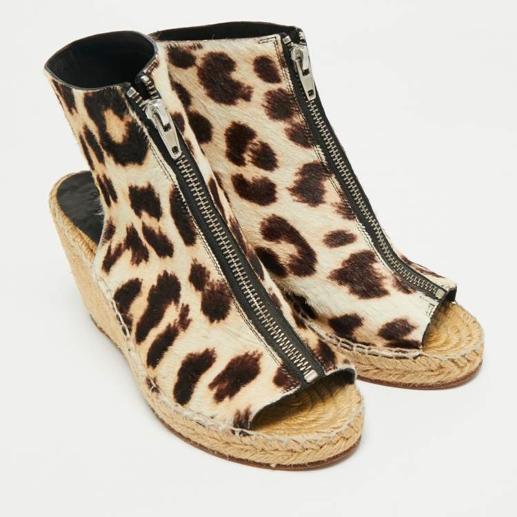 Pre Owned Celine Brown/Cream Calf Hair Wedge Espadrille Sandals Size 37