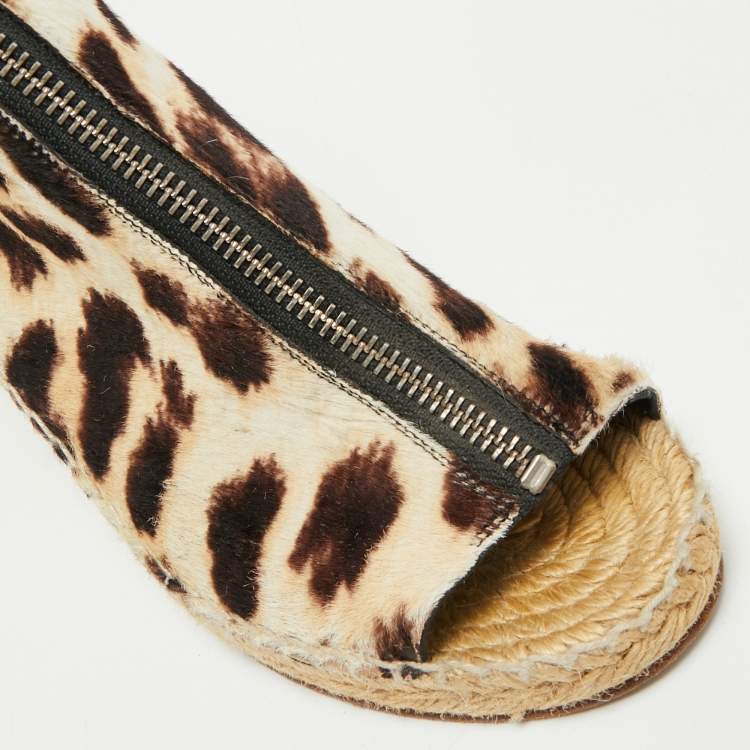 Pre Owned Celine Brown/Cream Calf Hair Wedge Espadrille Sandals Size 37