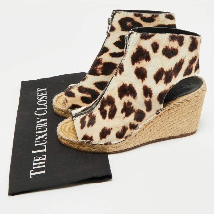 Pre Owned Celine Brown/Cream Calf Hair Wedge Espadrille Sandals Size 37