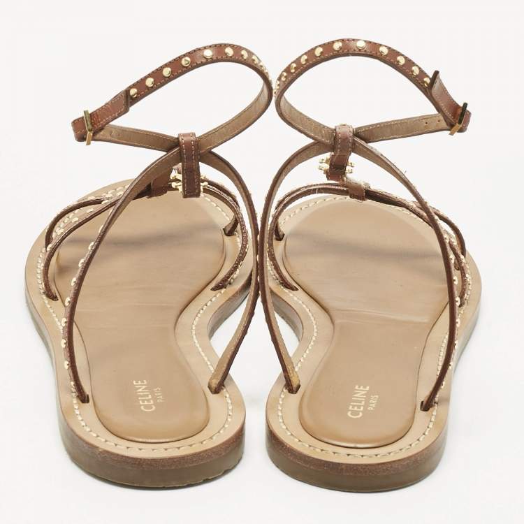 Pre Owned Celine Brown Leather Ankle Strap Flats Sandals Size 39