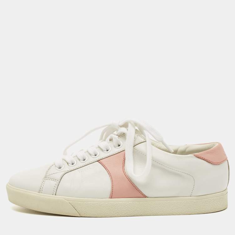 Pre Owned Celine White/Pink Leather Triomphe Low Top Sneakers Size 36