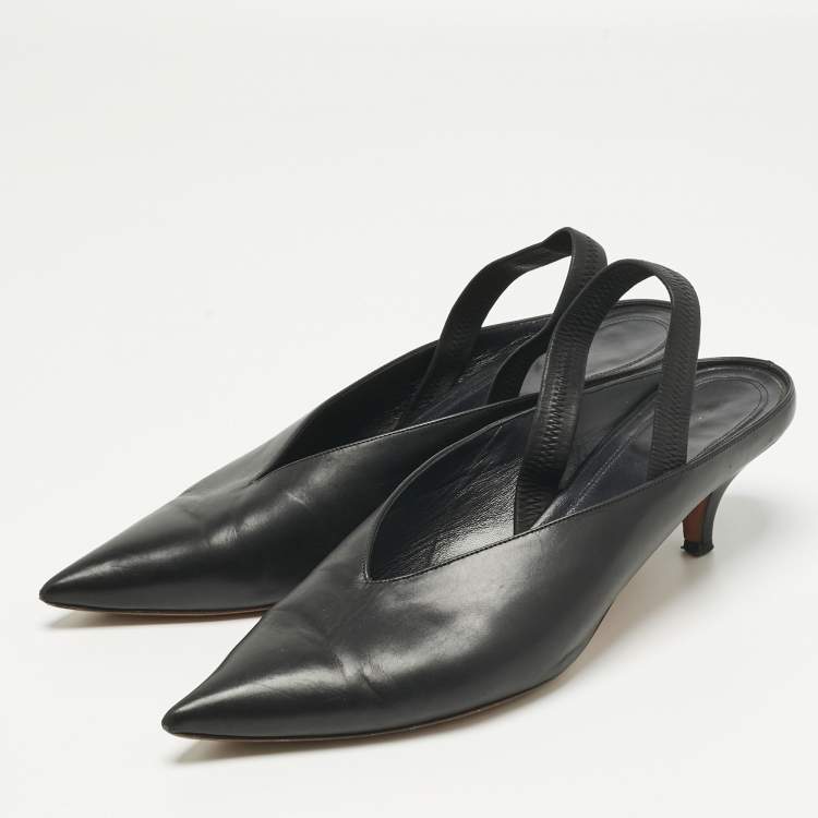 Pre Owned Feline Black Leather V Neck Slingback Pumps Size 39