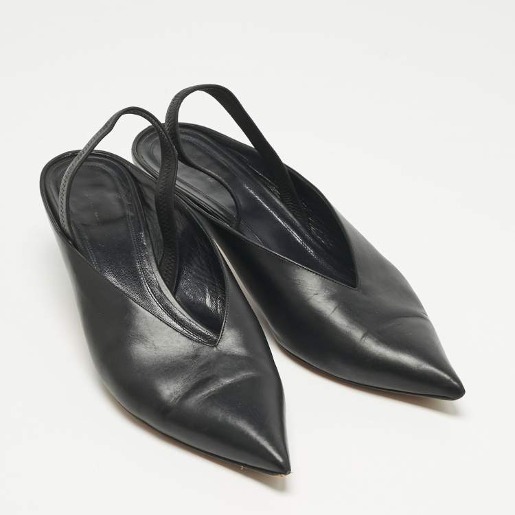 Pre Owned Feline Black Leather V Neck Slingback Pumps Size 39