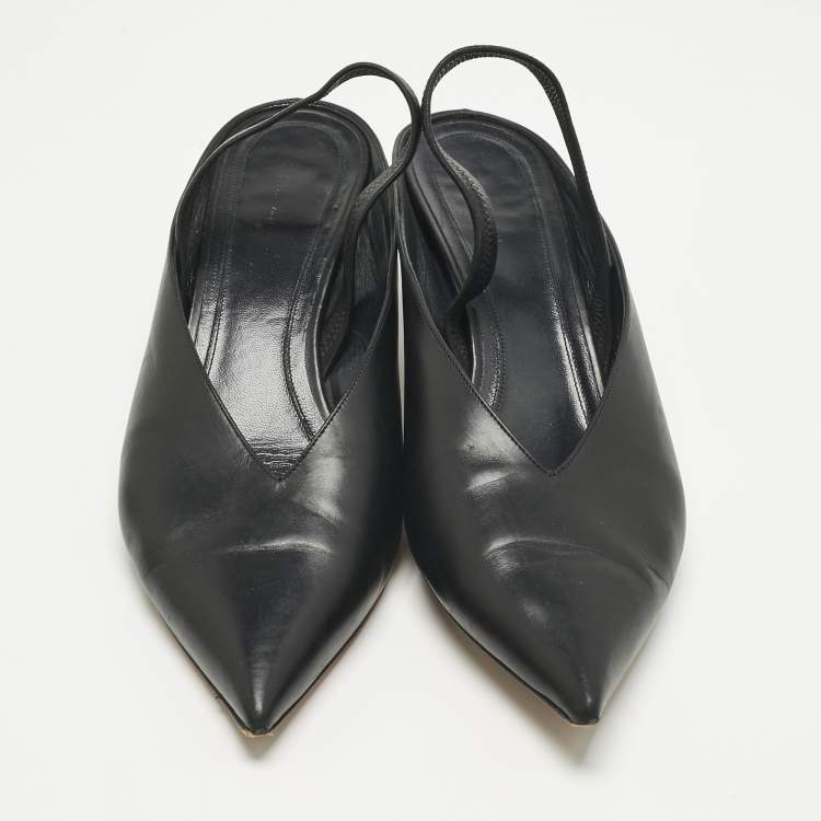 Pre Owned Feline Black Leather V Neck Slingback Pumps Size 39