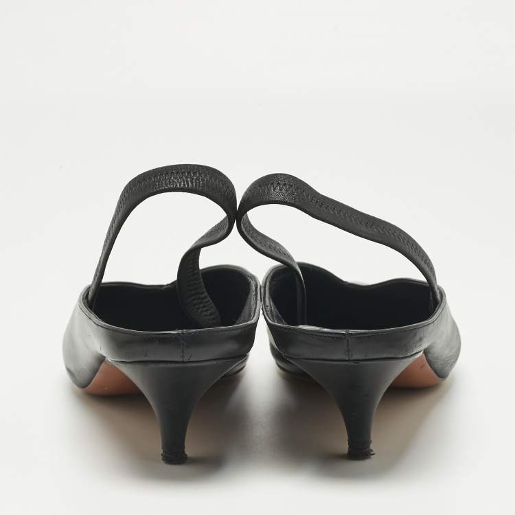 Pre Owned Feline Black Leather V Neck Slingback Pumps Size 39