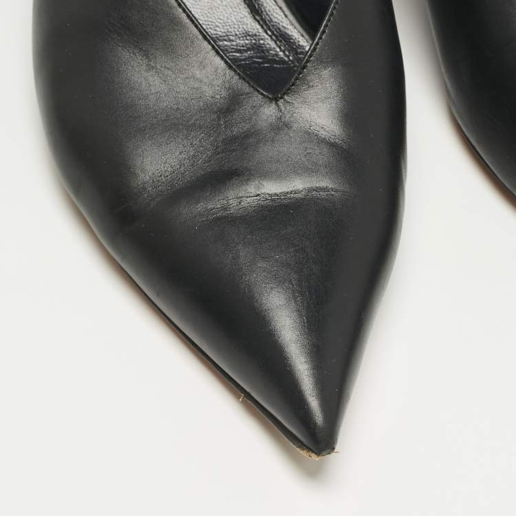 Pre Owned Feline Black Leather V Neck Slingback Pumps Size 39