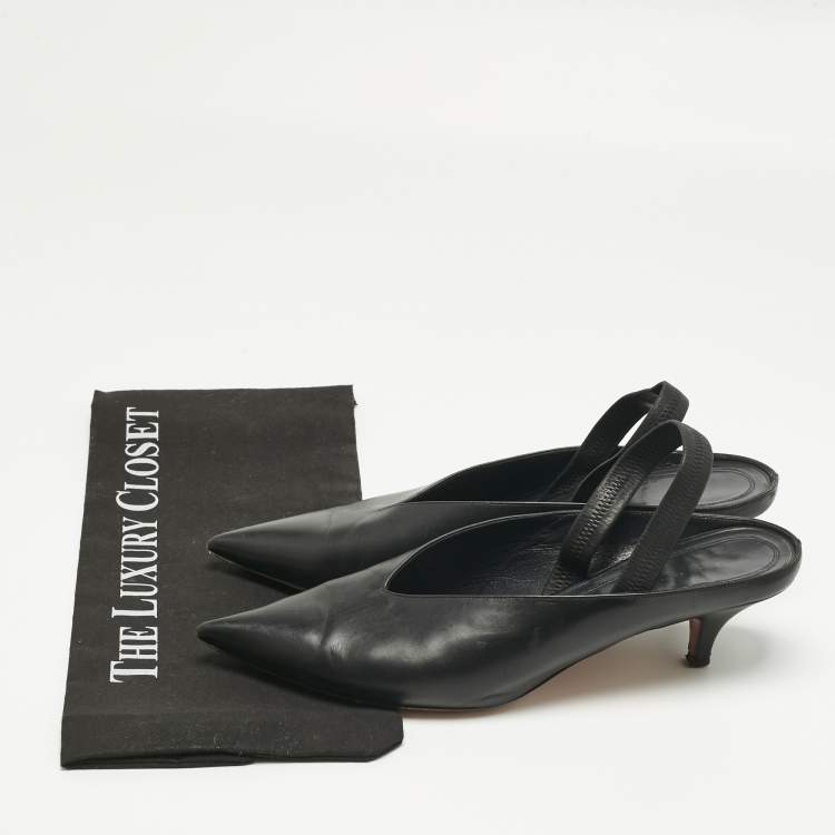 Pre Owned Feline Black Leather V Neck Slingback Pumps Size 39