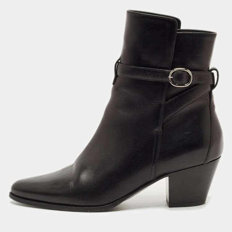 Pre Owned Celine Black Leather Block Heel Ankle Boots Size 37